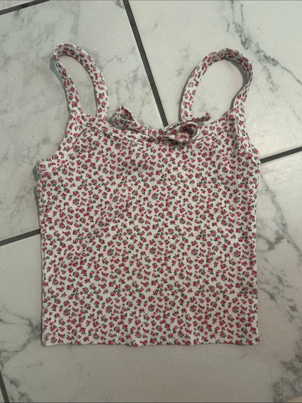 White Ribbed Floral Tank with Red Rose Print (GREAT CONDITION)